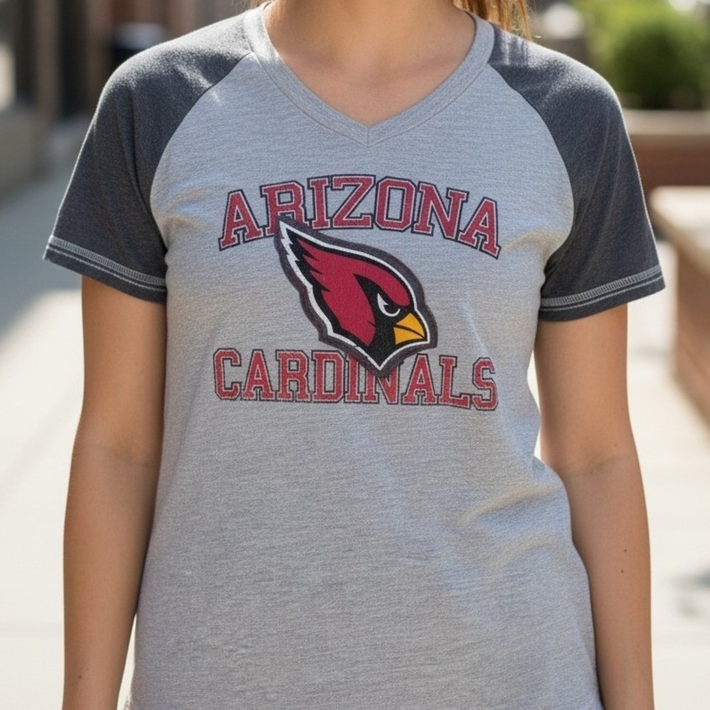 Majestic Arizona Cardinals Womens V Neck Raglan Tee Shirt Gray Red L